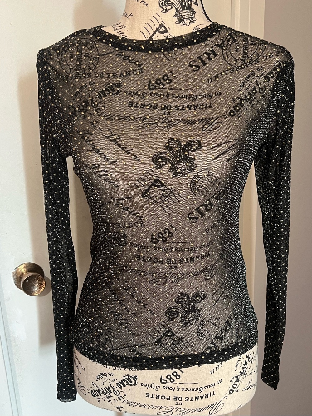 Zara Black Sheer Long-Sleeve Top with Gold Beads